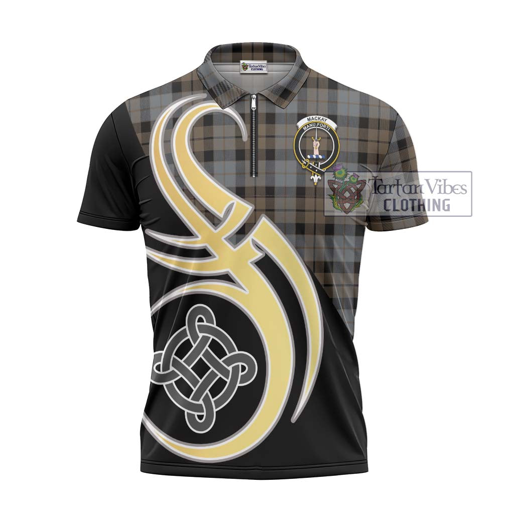 Tartan Vibes Clothing MacKay Weathered Tartan Zipper Polo Shirt with Family Crest and Celtic Symbol Style