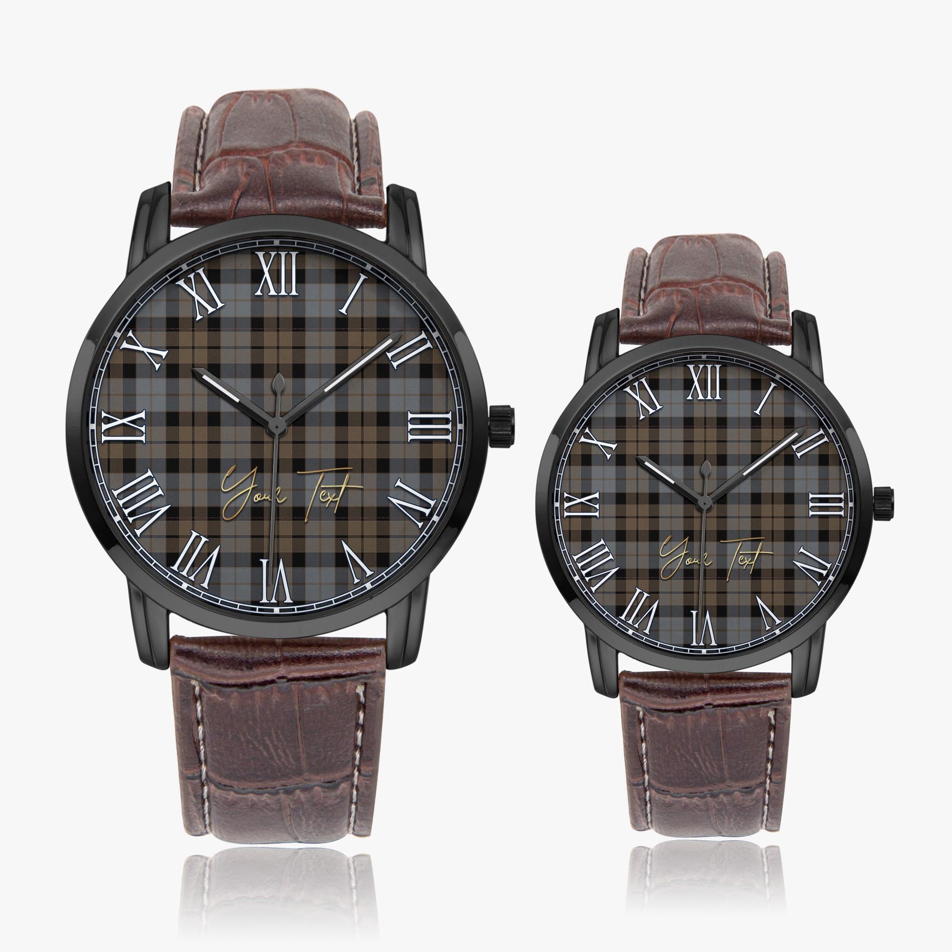 MacKay Weathered Tartan Personalized Your Text Leather Trap Quartz Watch Wide Type Black Case With Brown Leather Strap - Tartanvibesclothing