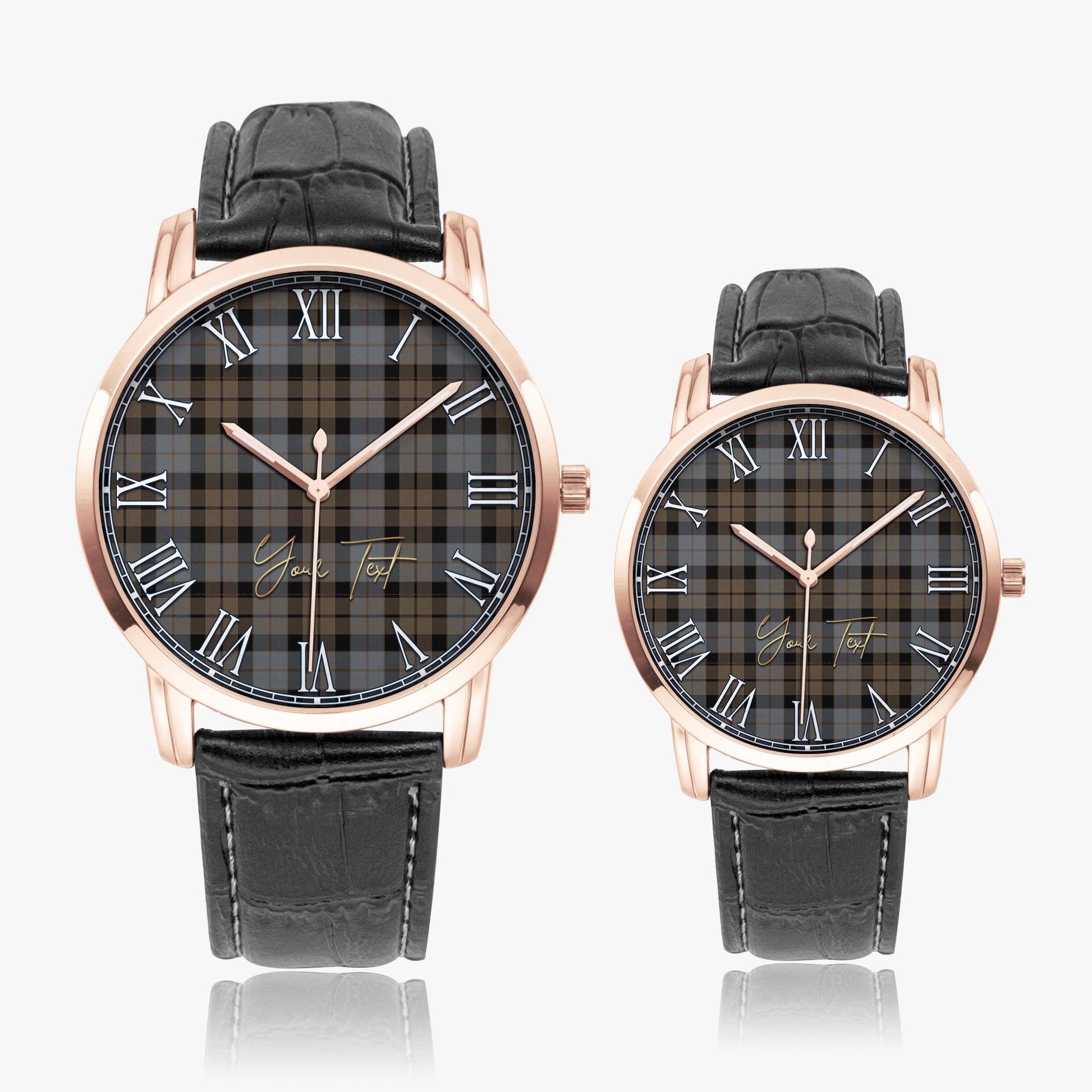 MacKay Weathered Tartan Personalized Your Text Leather Trap Quartz Watch Wide Type Rose Gold Case With Black Leather Strap - Tartanvibesclothing