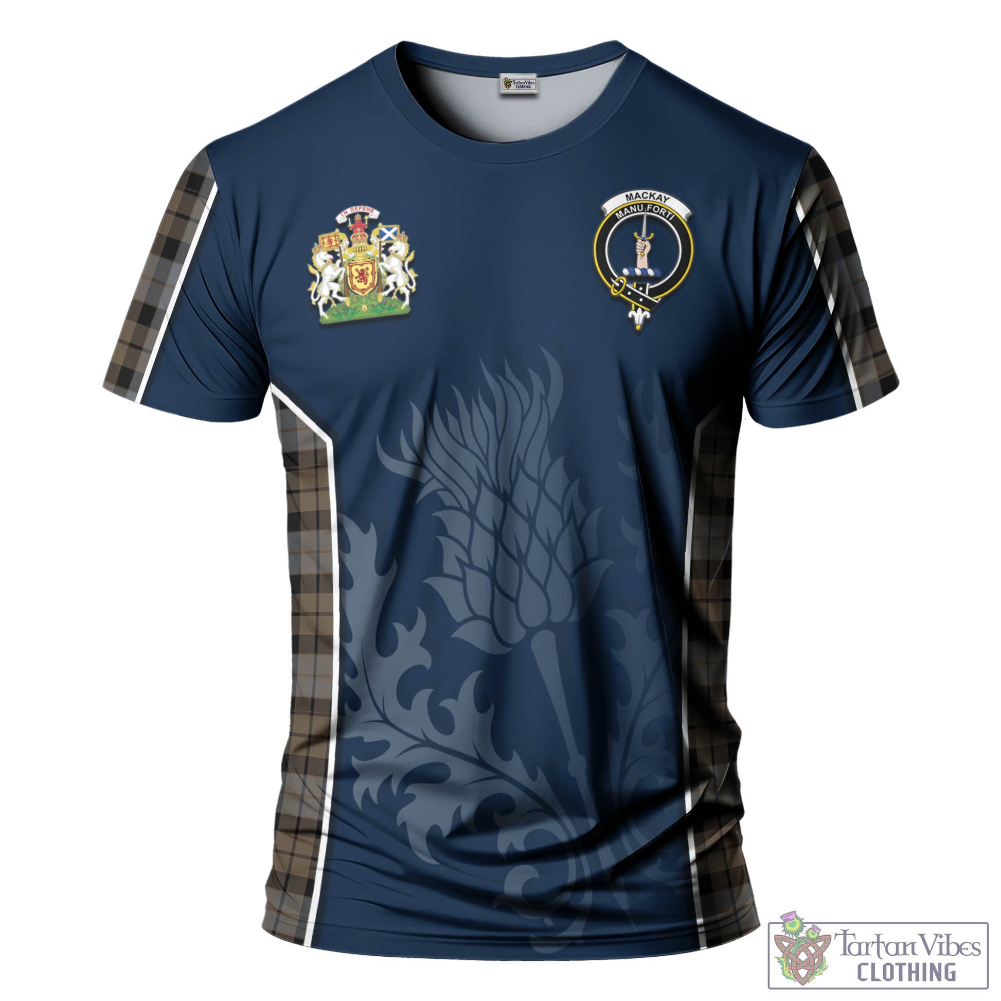 Tartan Vibes Clothing MacKay Weathered Tartan T-Shirt with Family Crest and Scottish Thistle Vibes Sport Style