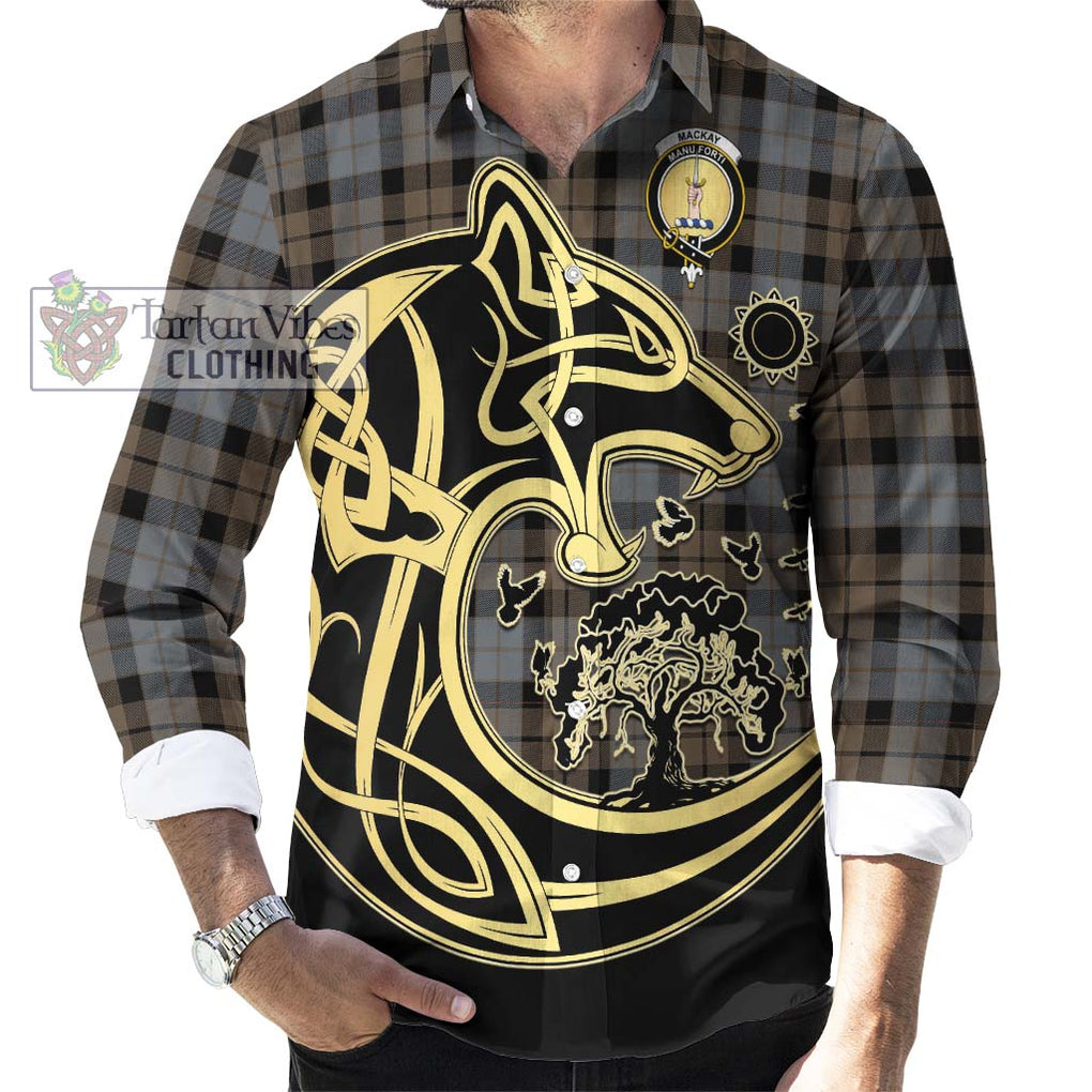 MacKay Weathered Tartan Long Sleeve Button Shirt with Family Crest Celtic Wolf Style - Tartan Vibes Clothing