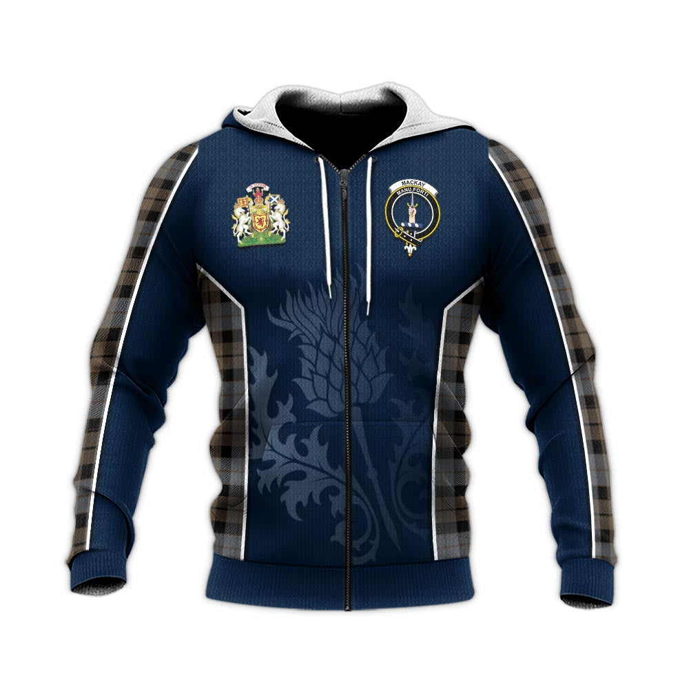 Tartan Vibes Clothing MacKay Weathered Tartan Knitted Hoodie with Family Crest and Scottish Thistle Vibes Sport Style