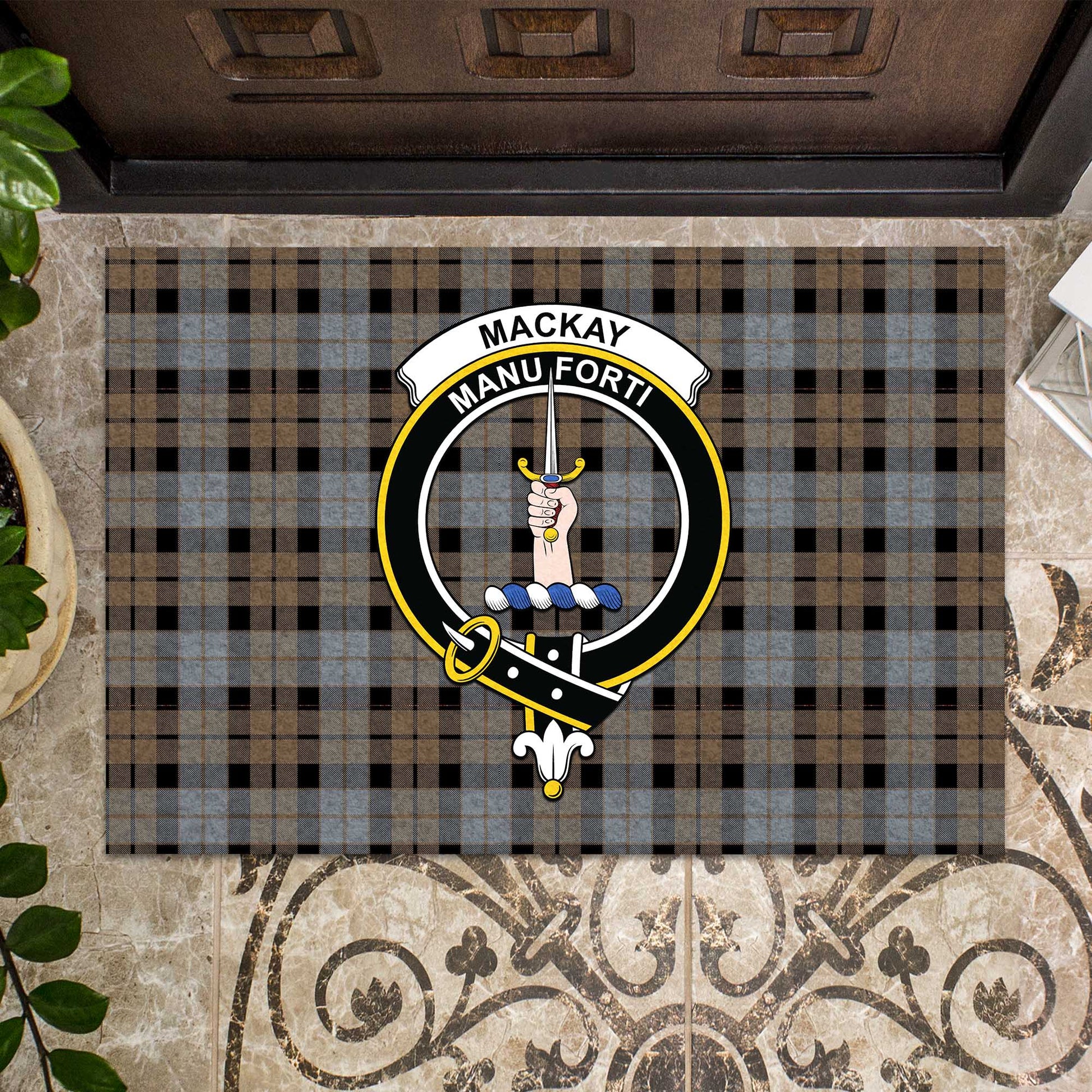 MacKay Weathered Tartan Door Mat with Family Crest - Tartanvibesclothing