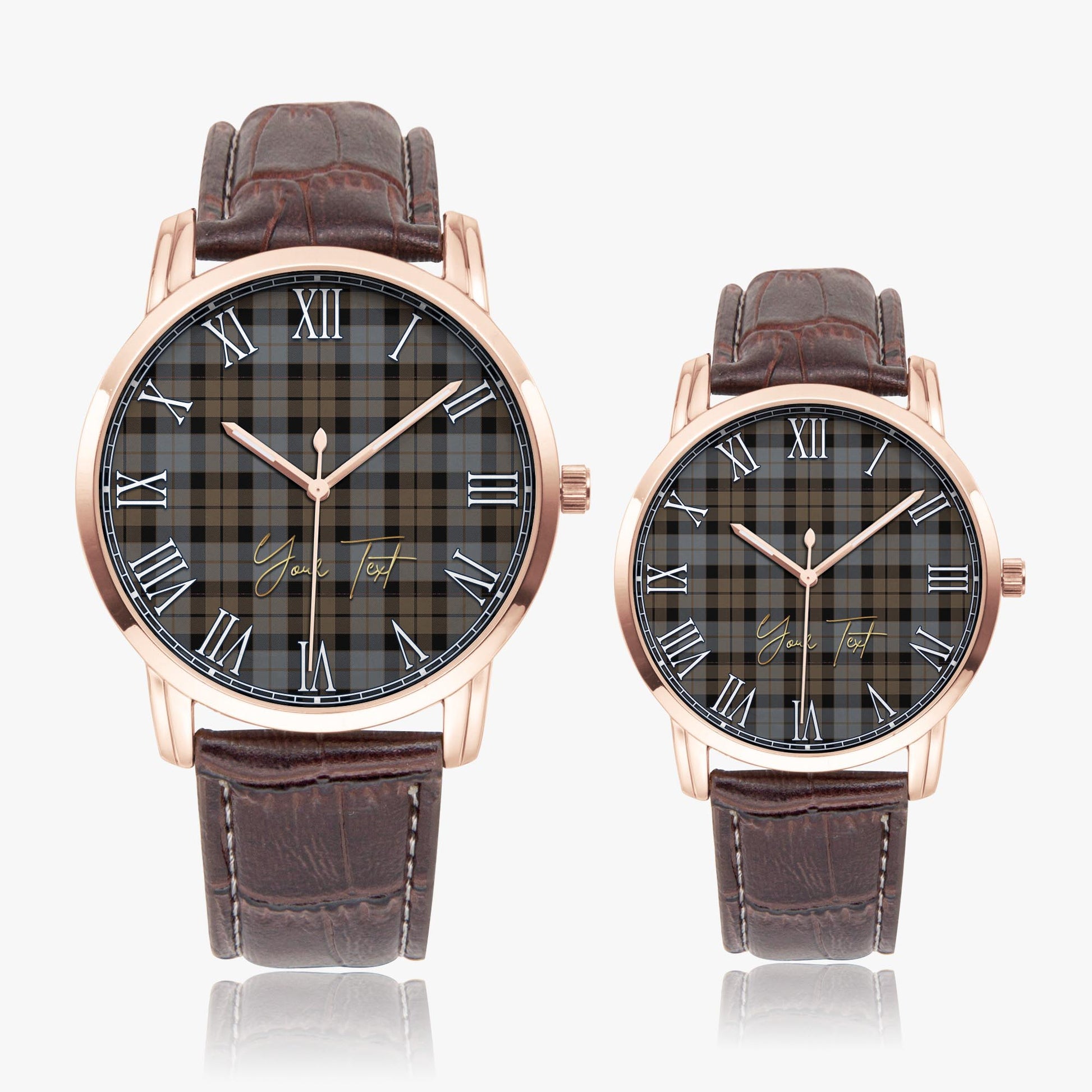 MacKay Weathered Tartan Personalized Your Text Leather Trap Quartz Watch Wide Type Rose Gold Case With Brown Leather Strap - Tartanvibesclothing