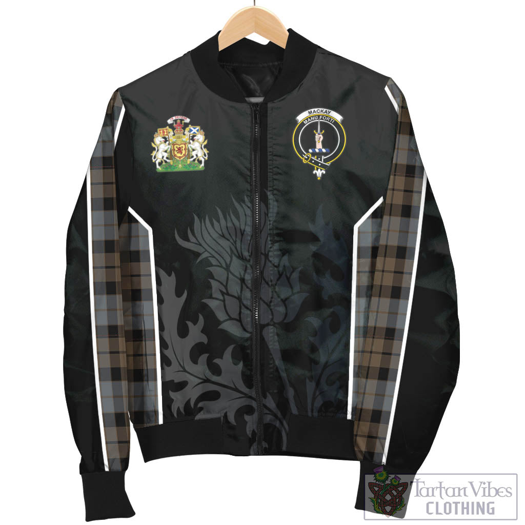 Tartan Vibes Clothing MacKay Weathered Tartan Bomber Jacket with Family Crest and Scottish Thistle Vibes Sport Style