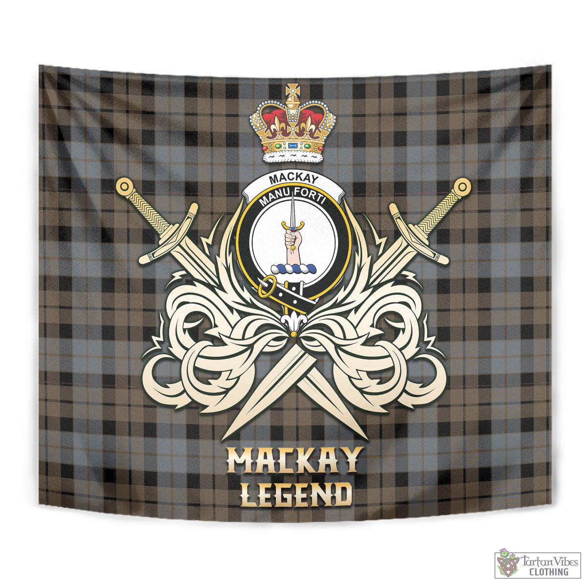 Tartan Vibes Clothing MacKay Weathered Tartan Tapestry with Clan Crest and the Golden Sword of Courageous Legacy