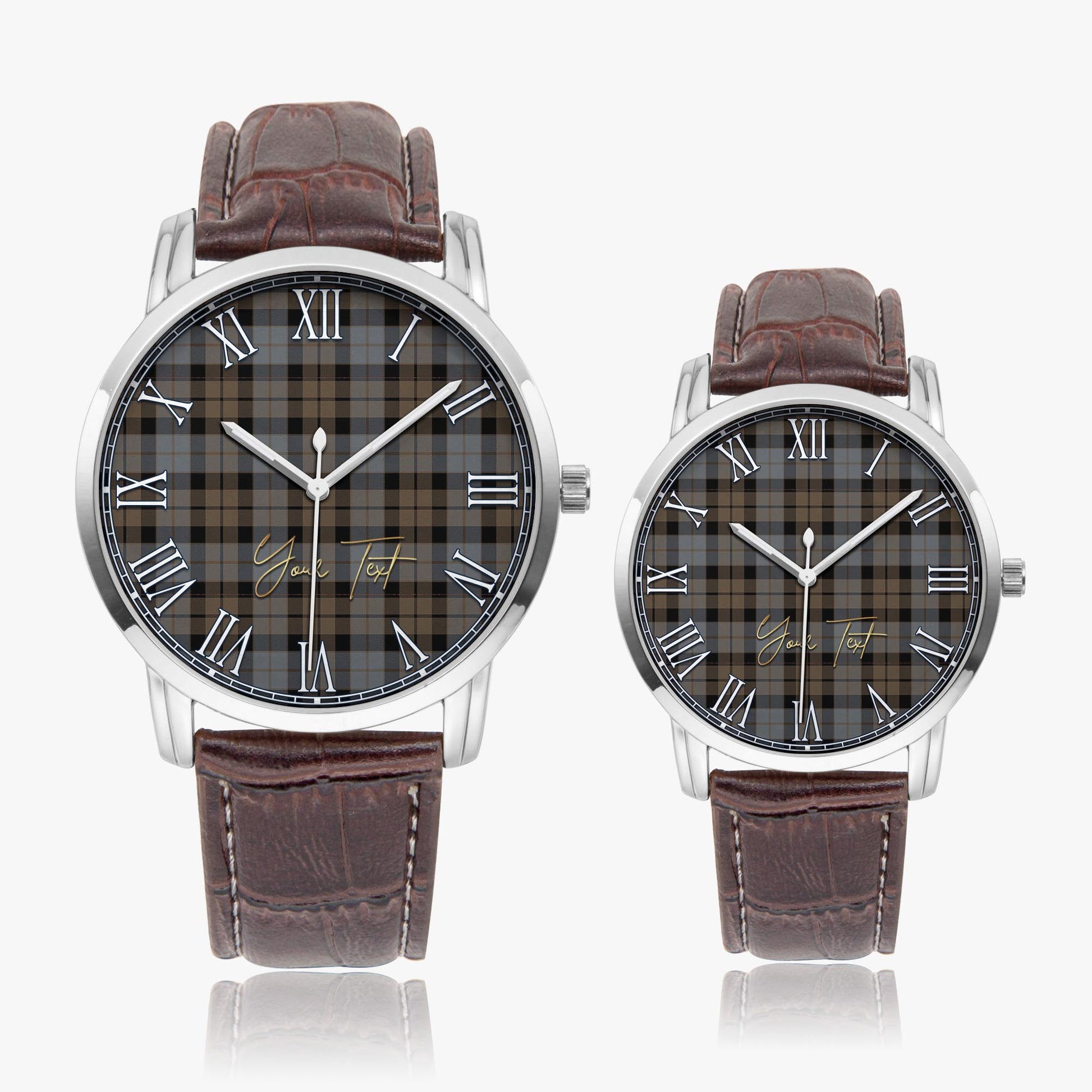 MacKay Weathered Tartan Personalized Your Text Leather Trap Quartz Watch Wide Type Silver Case With Brown Leather Strap - Tartanvibesclothing