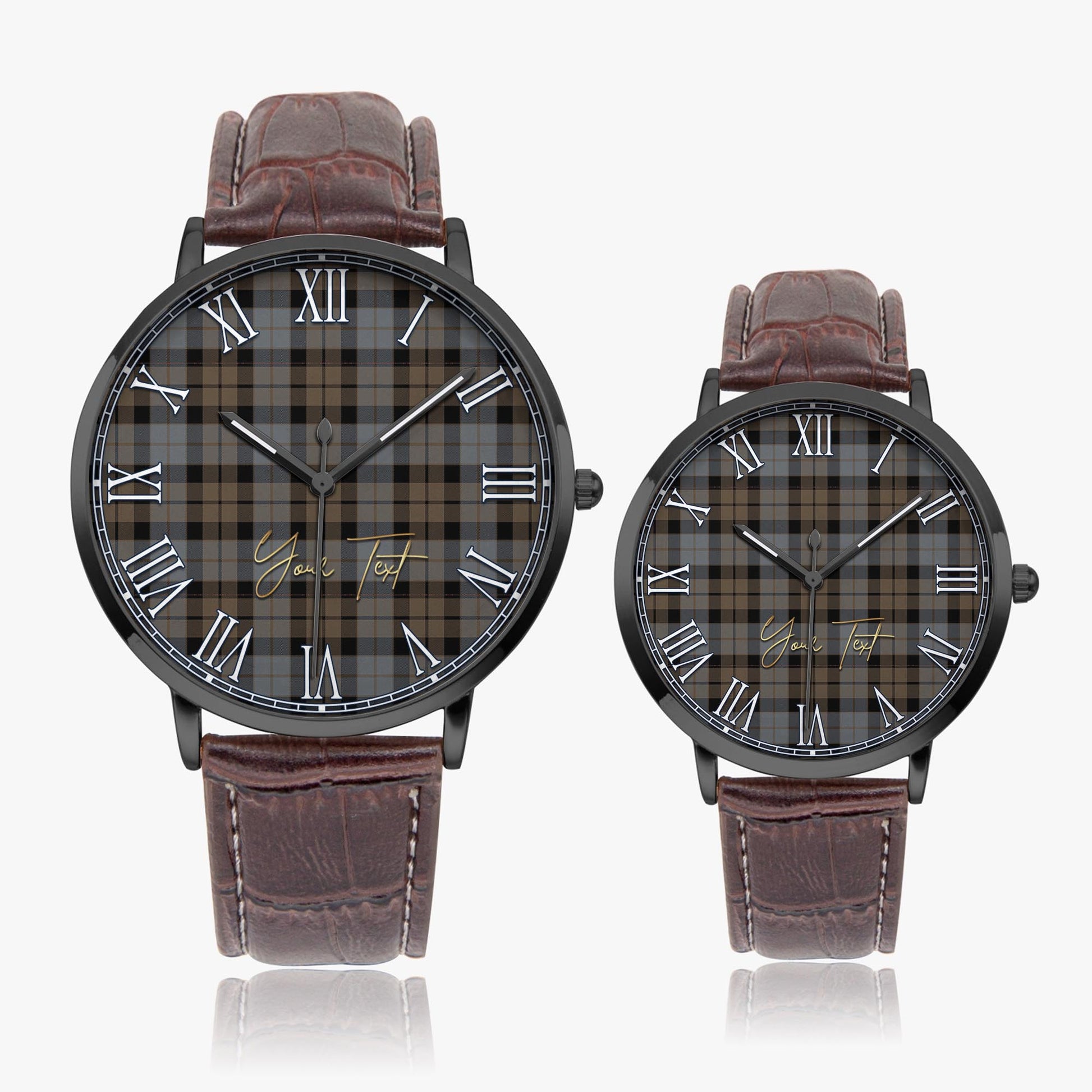 MacKay Weathered Tartan Personalized Your Text Leather Trap Quartz Watch Ultra Thin Black Case With Brown Leather Strap - Tartanvibesclothing