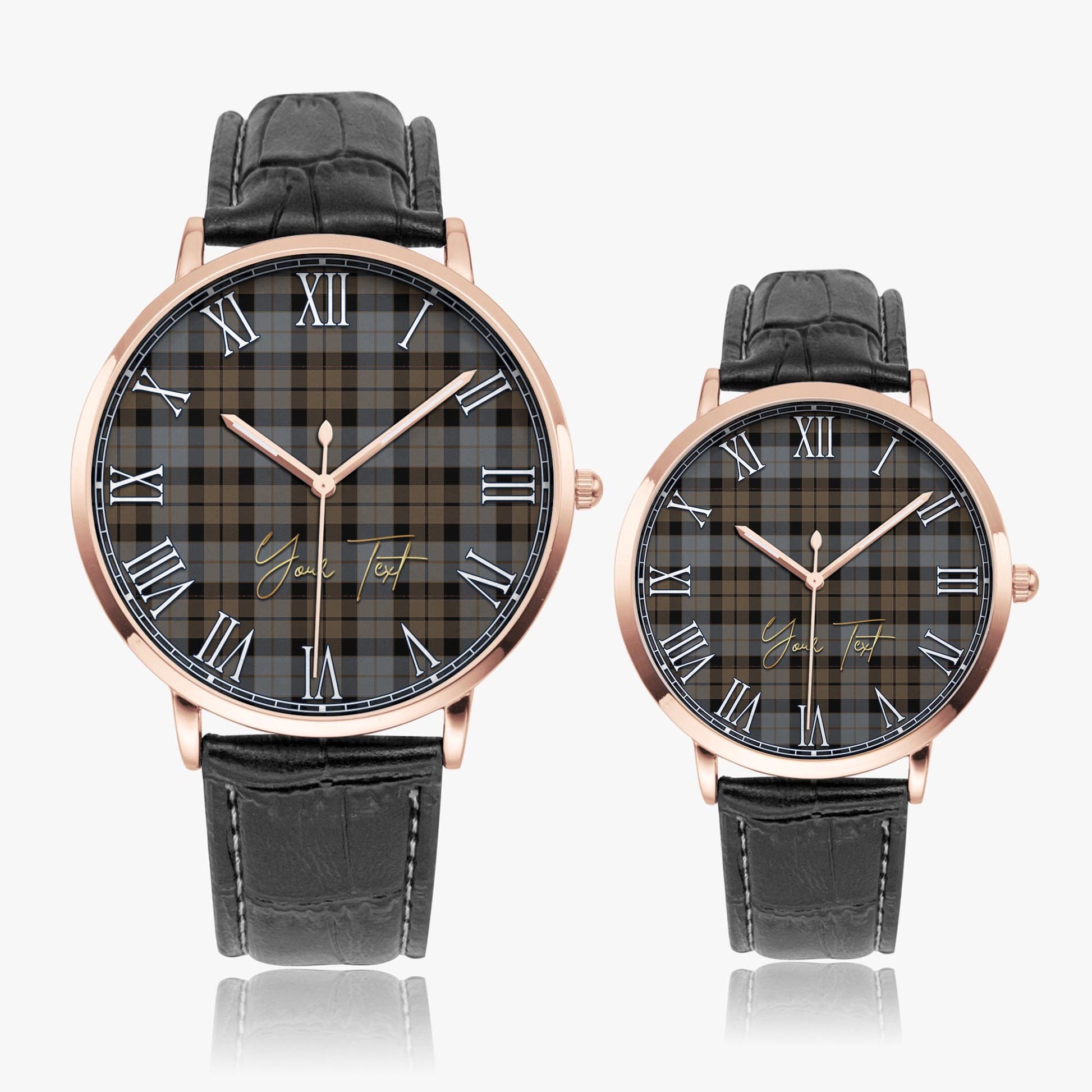 MacKay Weathered Tartan Personalized Your Text Leather Trap Quartz Watch Ultra Thin Rose Gold Case With Black Leather Strap - Tartanvibesclothing