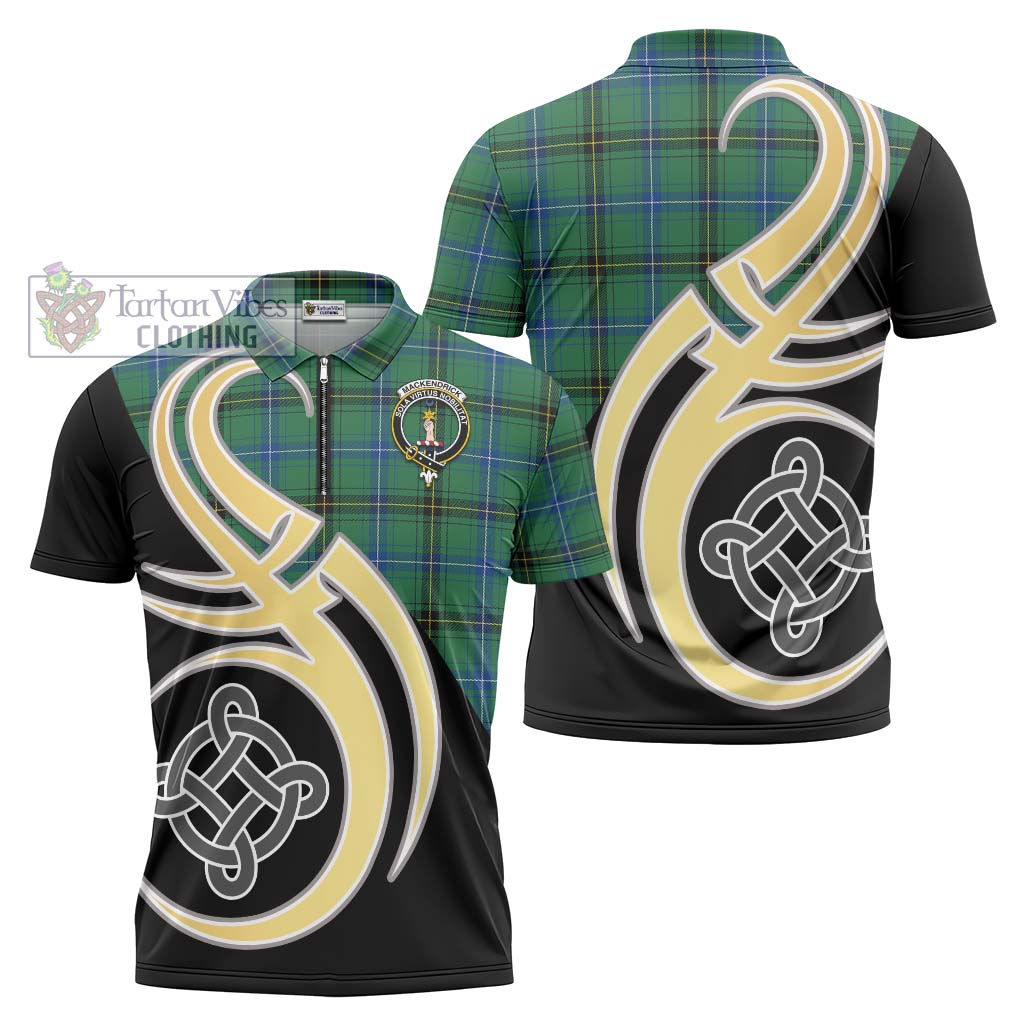 Tartan Vibes Clothing MacKendrick Ancient Tartan Zipper Polo Shirt with Family Crest and Celtic Symbol Style