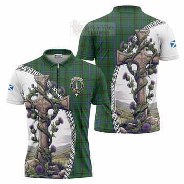 MacKendrick (McKendrick) Tartan Zipper Polo Shirt with Family Crest and St. Andrew's Cross Accented by Thistle Vines Unisex - Tartan Vibes Clothing