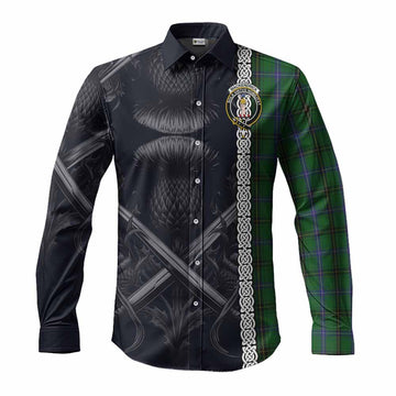 MacKendrick (McKendrick) Tartan Long Sleeve Button Shirt with Family Crest Cross Sword Thistle Celtic Vibes Men's Shirt S - Tartan Vibes Clothing