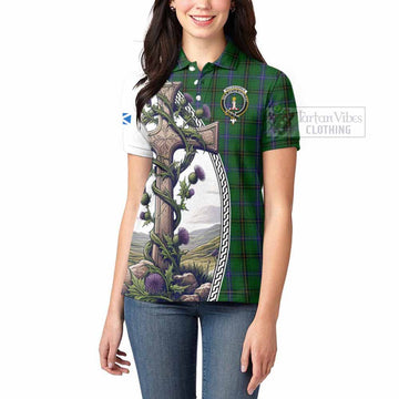 MacKendrick (McKendrick) Tartan Women's Polo Shirt with Family Crest and St. Andrew's Cross Accented by Thistle Vines