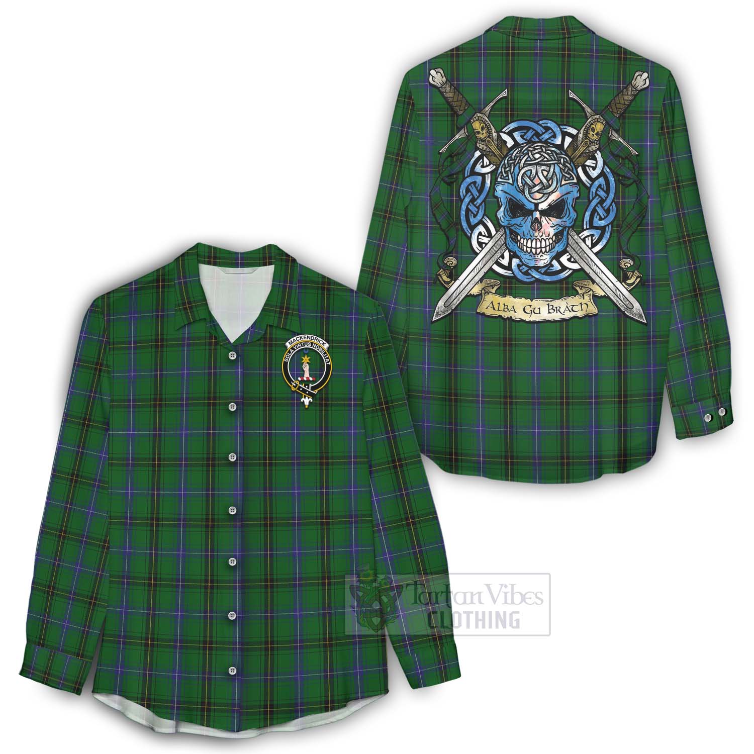 Tartan Vibes Clothing MacKendrick (McKendrick) Tartan Women's Casual Shirt with Family Crest Celtic Skull Style