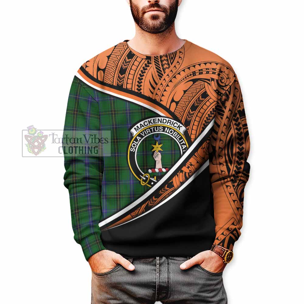 Tartan Vibes Clothing MacKendrick (McKendrick) Crest Tartan Sweatshirt with Maori Tattoo Style - Orange Version