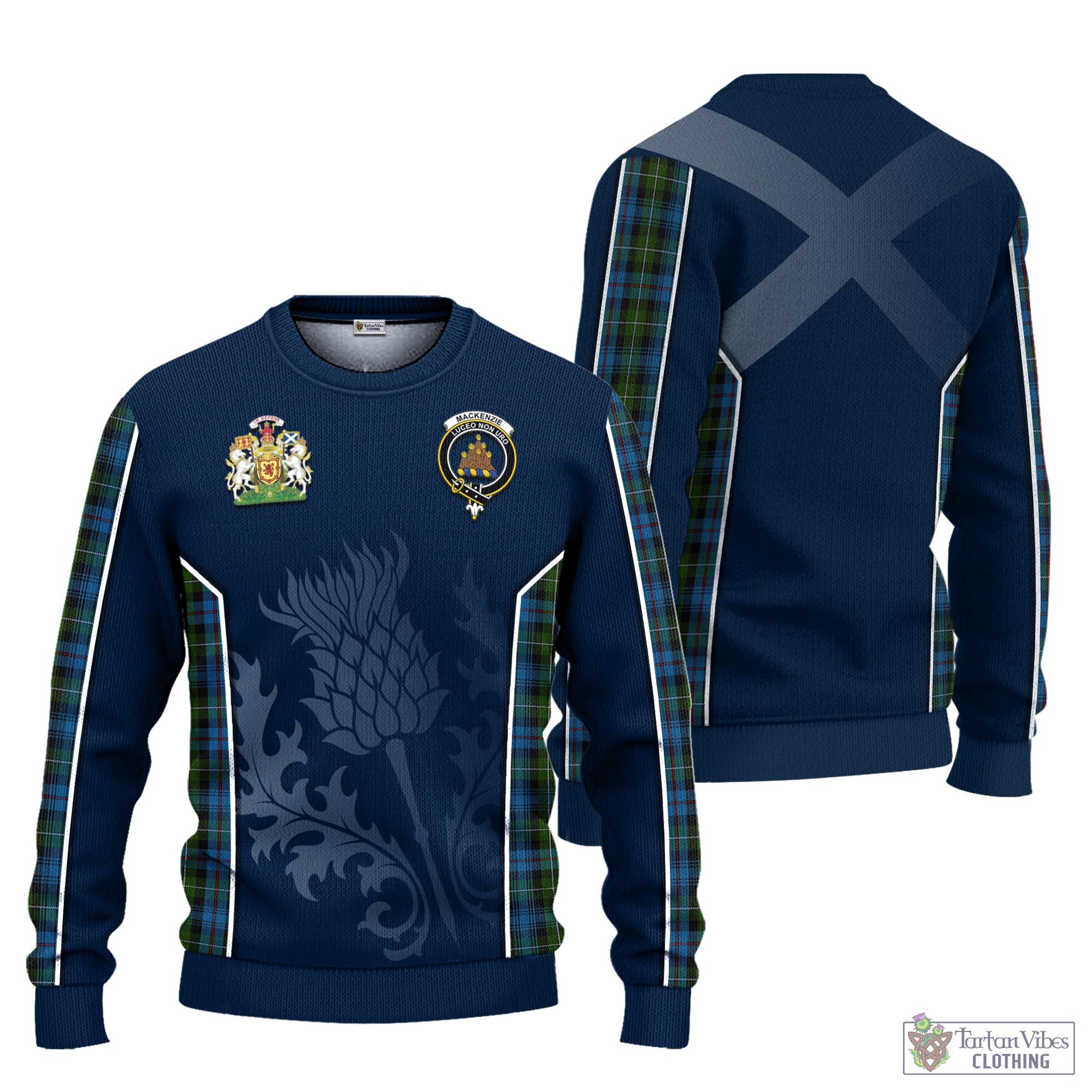 Tartan Vibes Clothing MacKenzie Tartan Knitted Sweatshirt with Family Crest and Scottish Thistle Vibes Sport Style