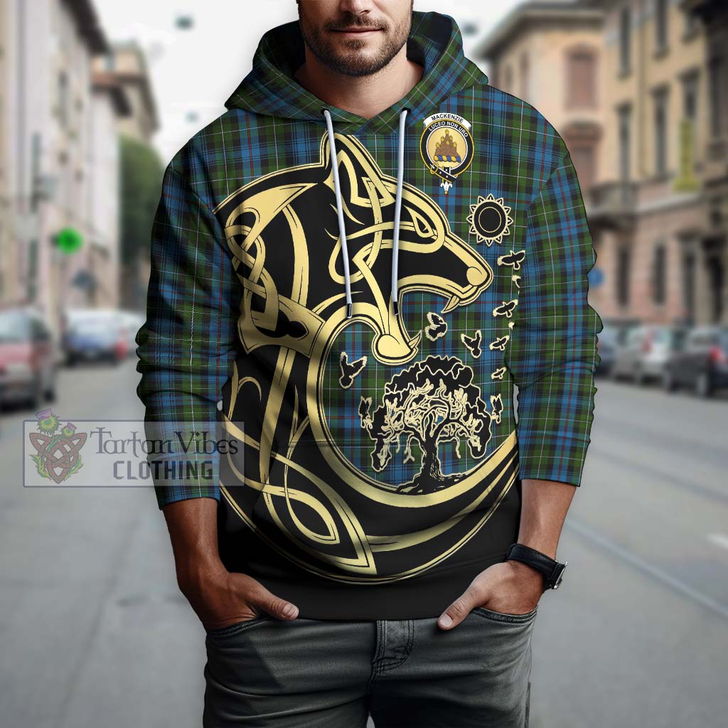 Tartan Vibes Clothing Mackenzie Tartan Hoodie with Family Crest Celtic Wolf Style