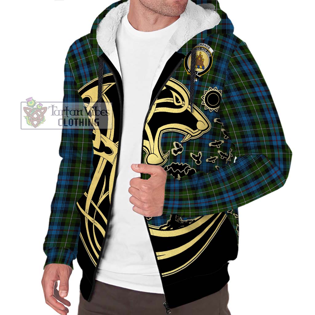 Tartan Vibes Clothing Mackenzie Tartan Sherpa Hoodie with Family Crest Celtic Wolf Style