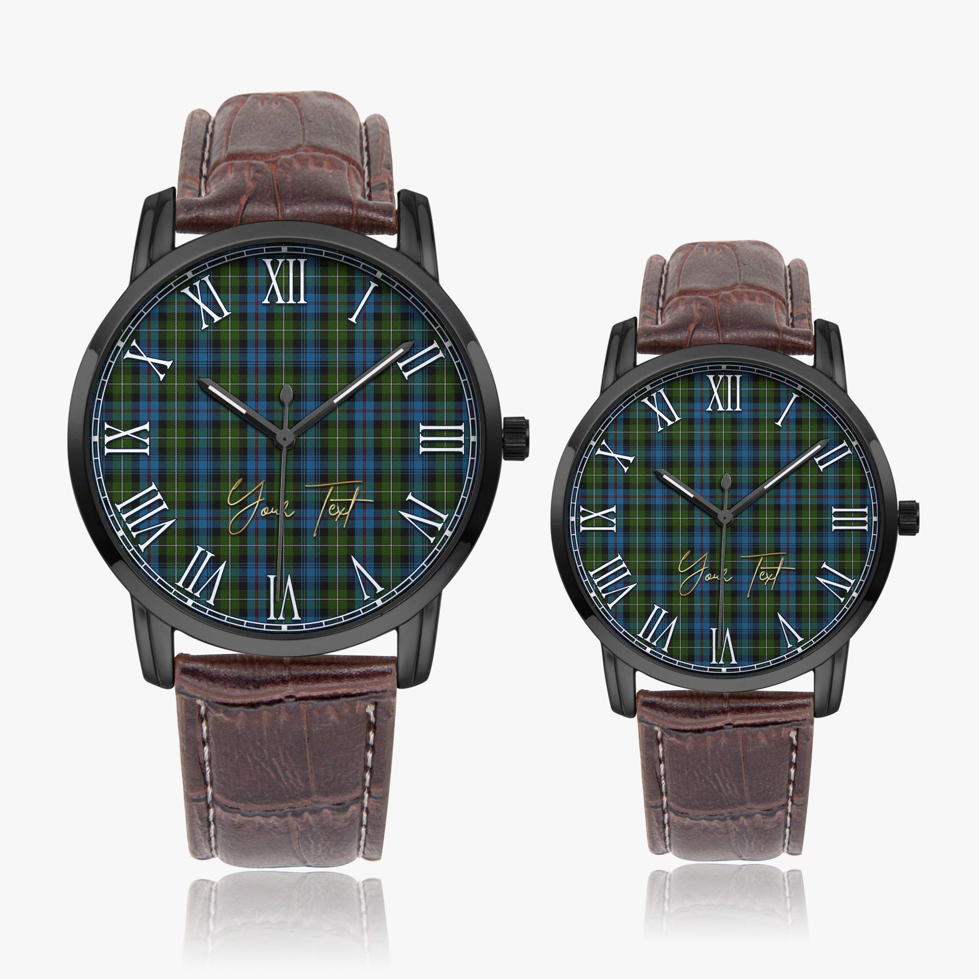 MacKenzie Tartan Personalized Your Text Leather Trap Quartz Watch Wide Type Black Case With Brown Leather Strap - Tartanvibesclothing