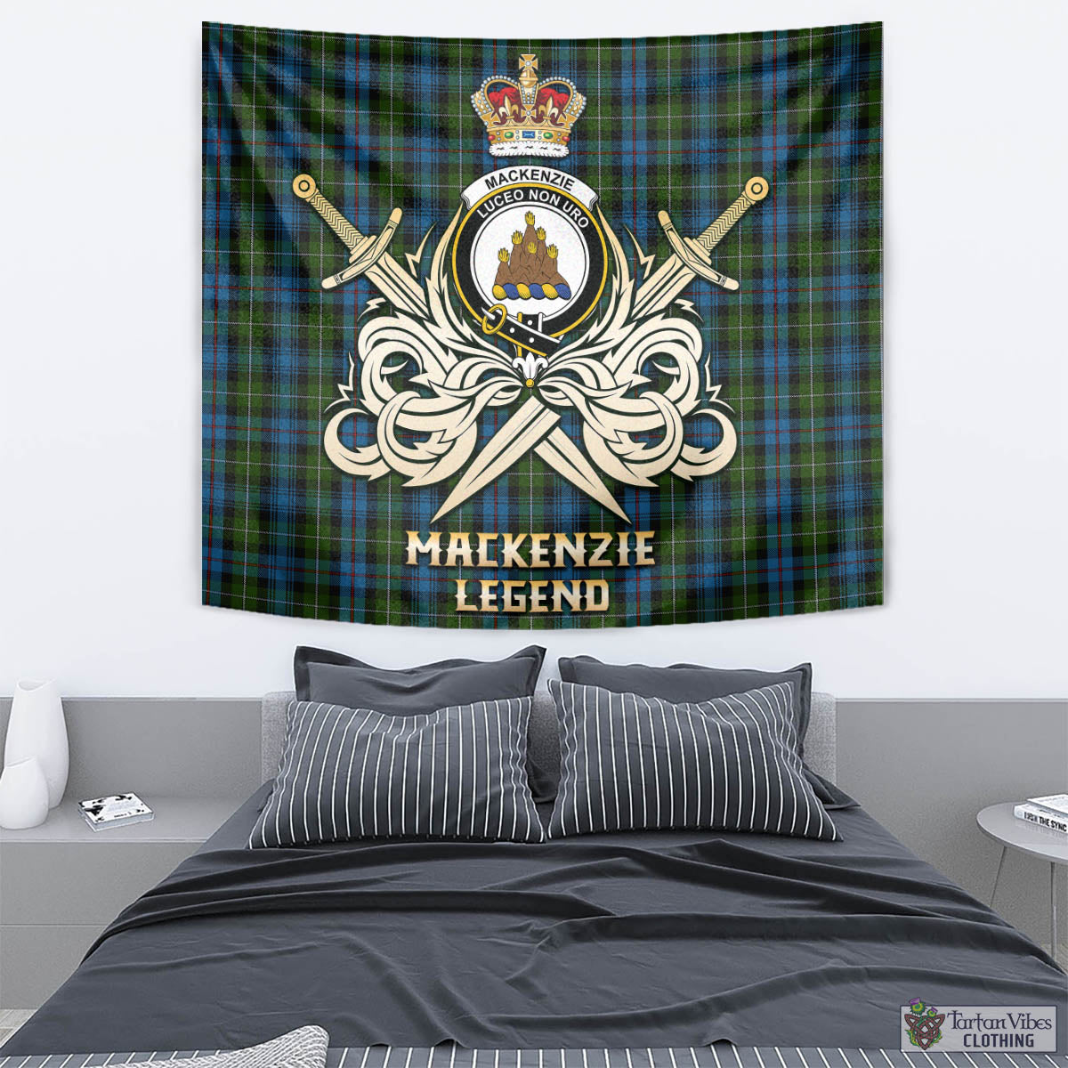 Tartan Vibes Clothing MacKenzie Tartan Tapestry with Clan Crest and the Golden Sword of Courageous Legacy