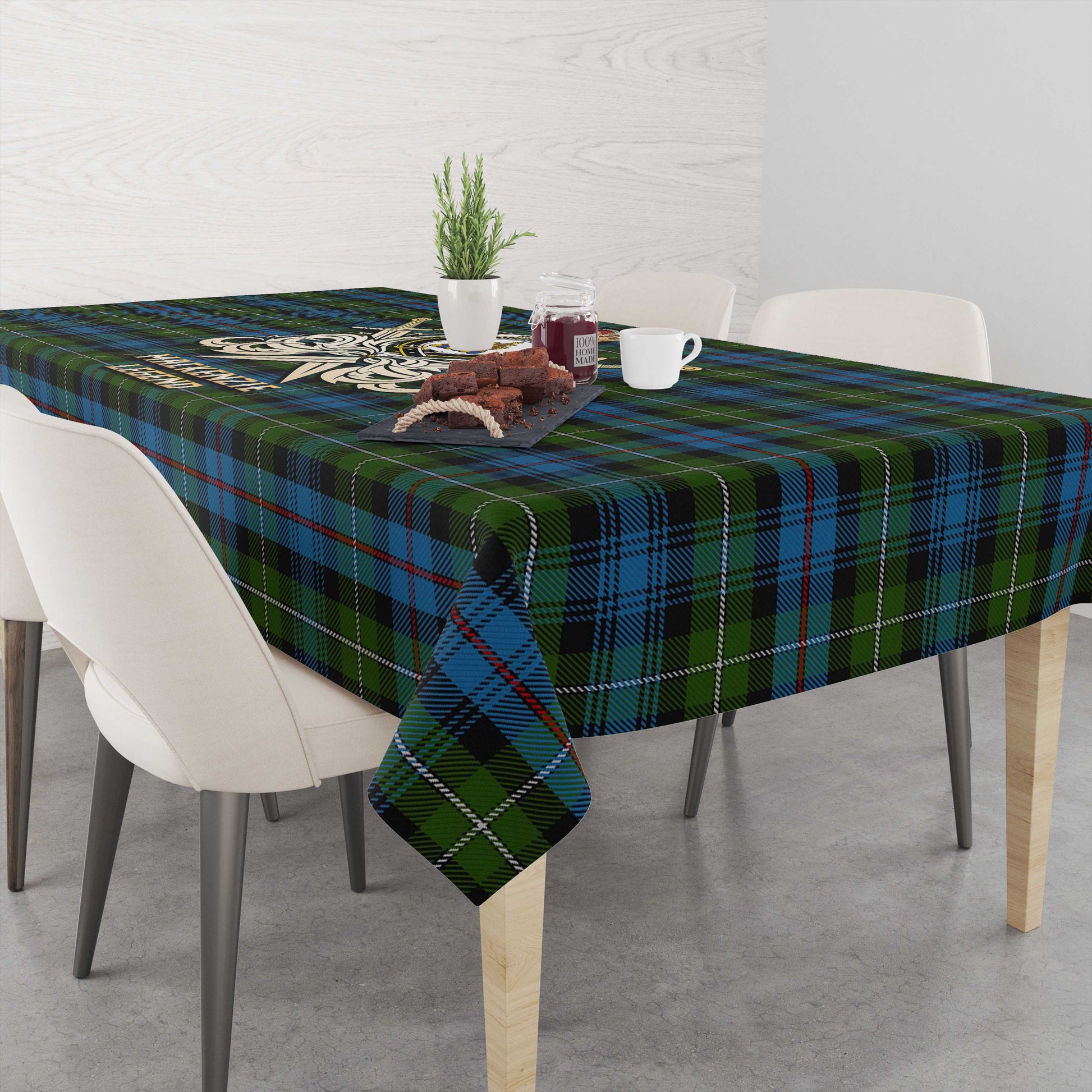 Tartan Vibes Clothing MacKenzie Tartan Tablecloth with Clan Crest and the Golden Sword of Courageous Legacy