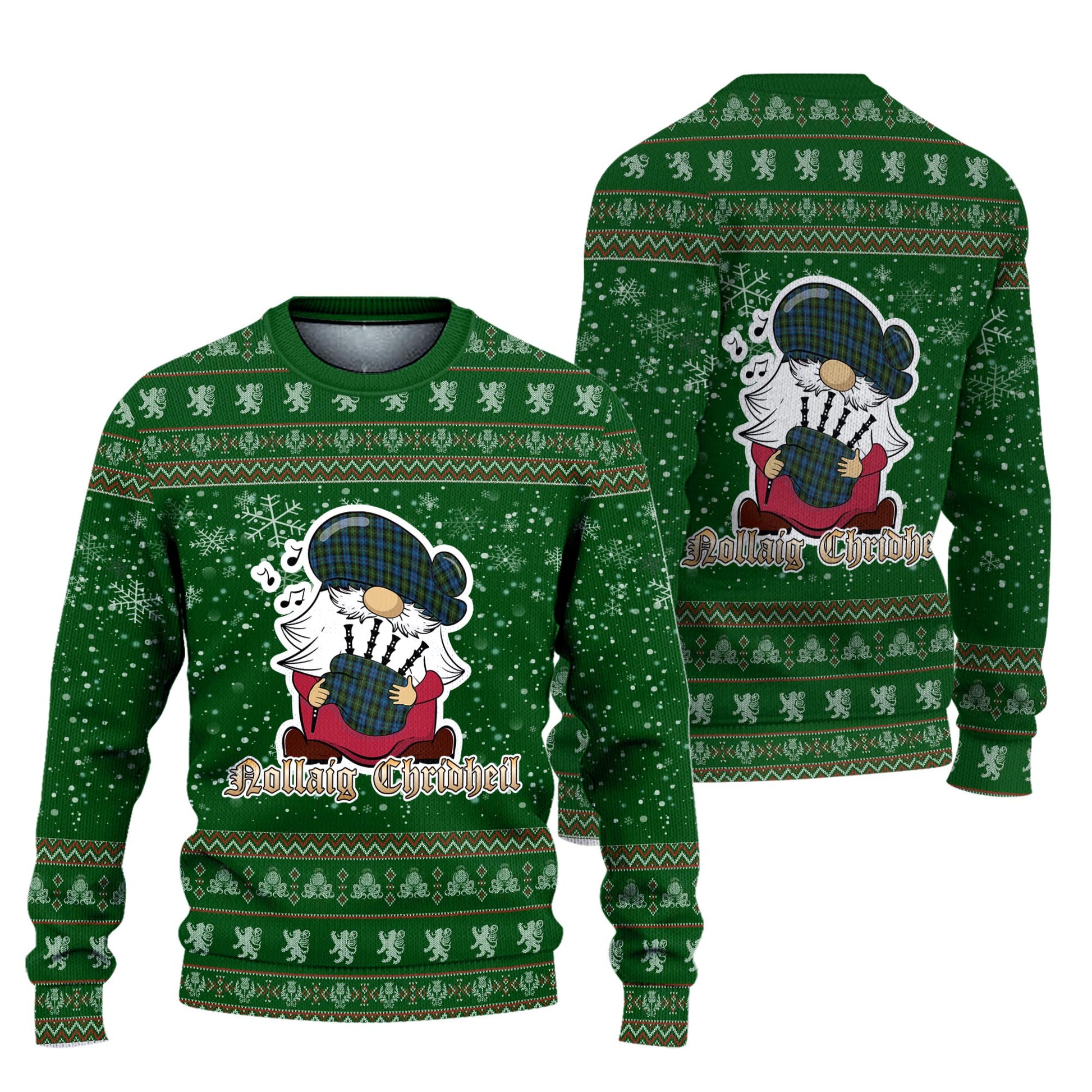 MacKenzie Clan Christmas Family Knitted Sweater with Funny Gnome Playing Bagpipes Unisex Green - Tartanvibesclothing