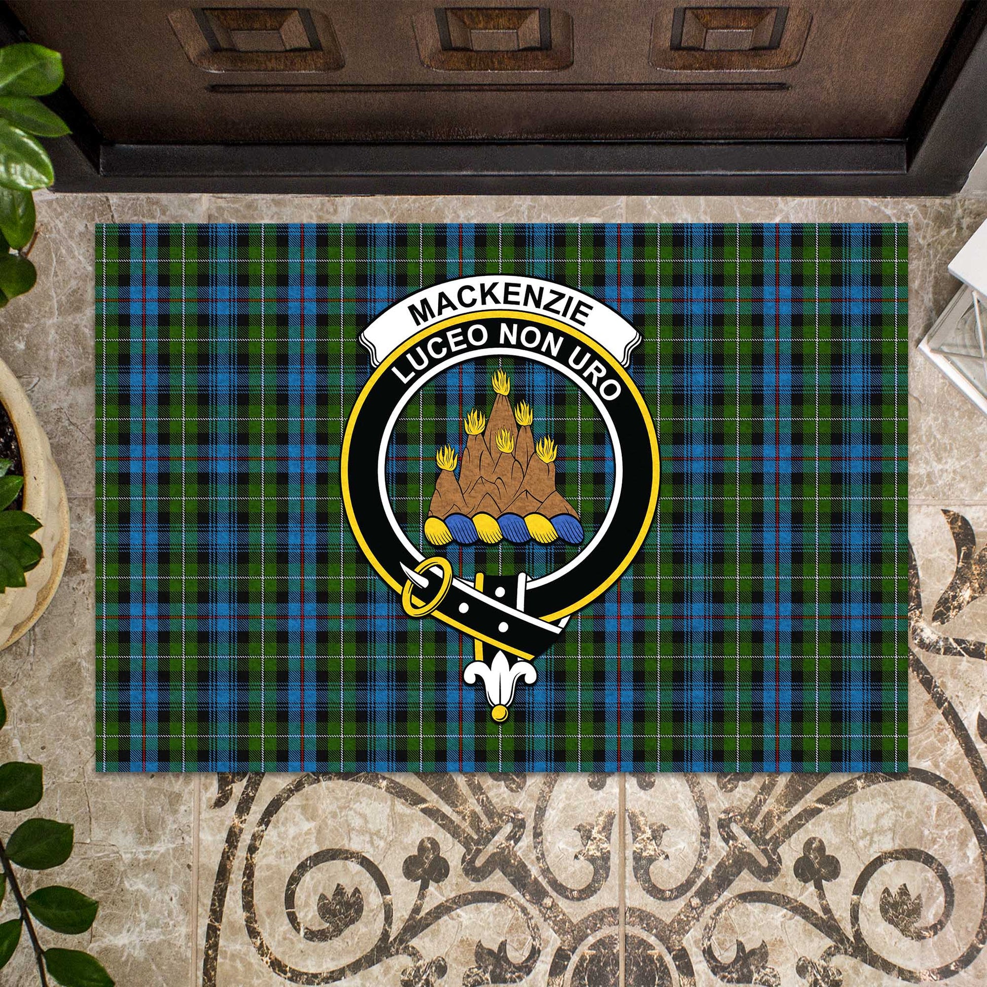 MacKenzie Tartan Door Mat with Family Crest - Tartanvibesclothing