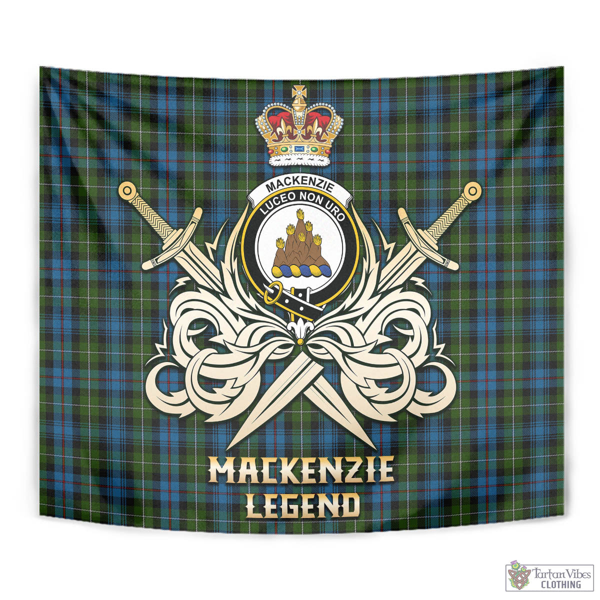 Tartan Vibes Clothing MacKenzie Tartan Tapestry with Clan Crest and the Golden Sword of Courageous Legacy