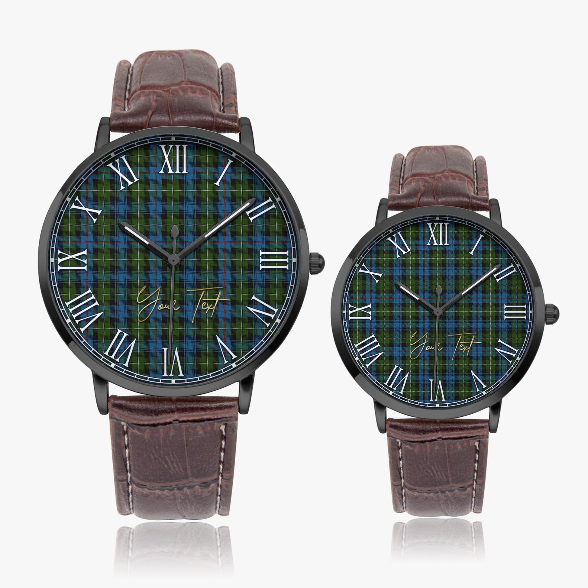 MacKenzie Tartan Personalized Your Text Leather Trap Quartz Watch Ultra Thin Black Case With Brown Leather Strap - Tartanvibesclothing