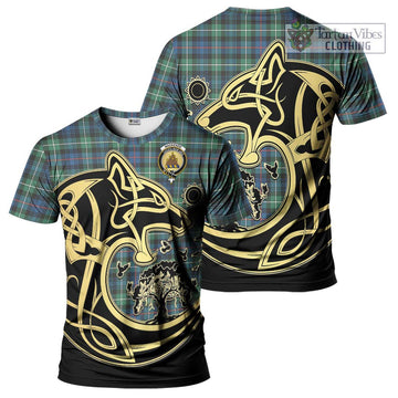 Mackenzie Ancient Tartan T-Shirt with Family Crest Celtic Wolf Style