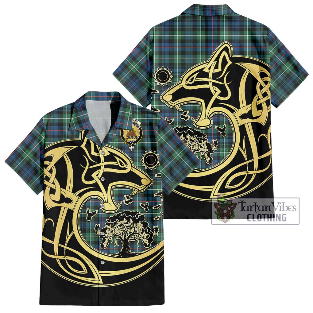 Mackenzie Ancient Tartan Short Sleeve Button Shirt with Family Crest Celtic Wolf Style Kid - Tartan Vibes Clothing