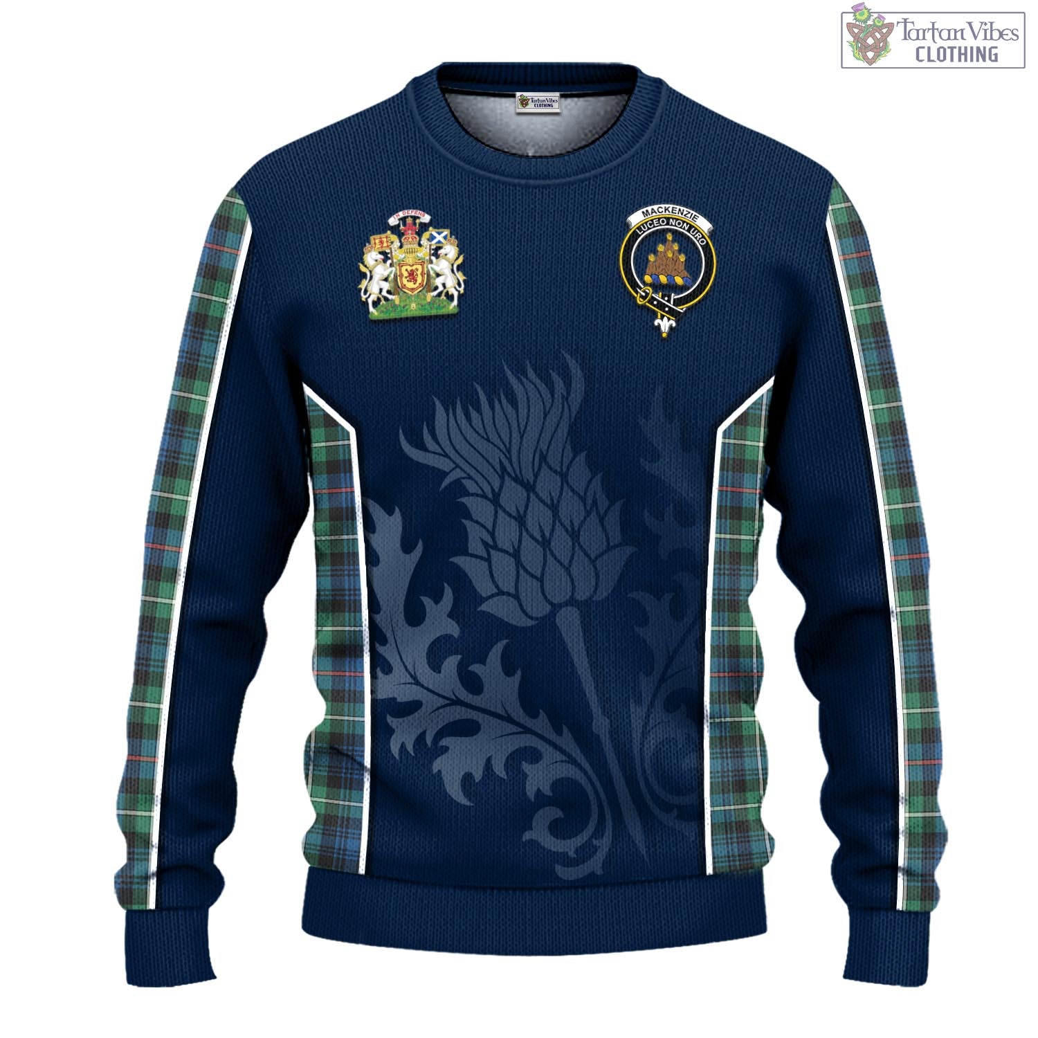 Tartan Vibes Clothing MacKenzie Ancient Tartan Knitted Sweatshirt with Family Crest and Scottish Thistle Vibes Sport Style