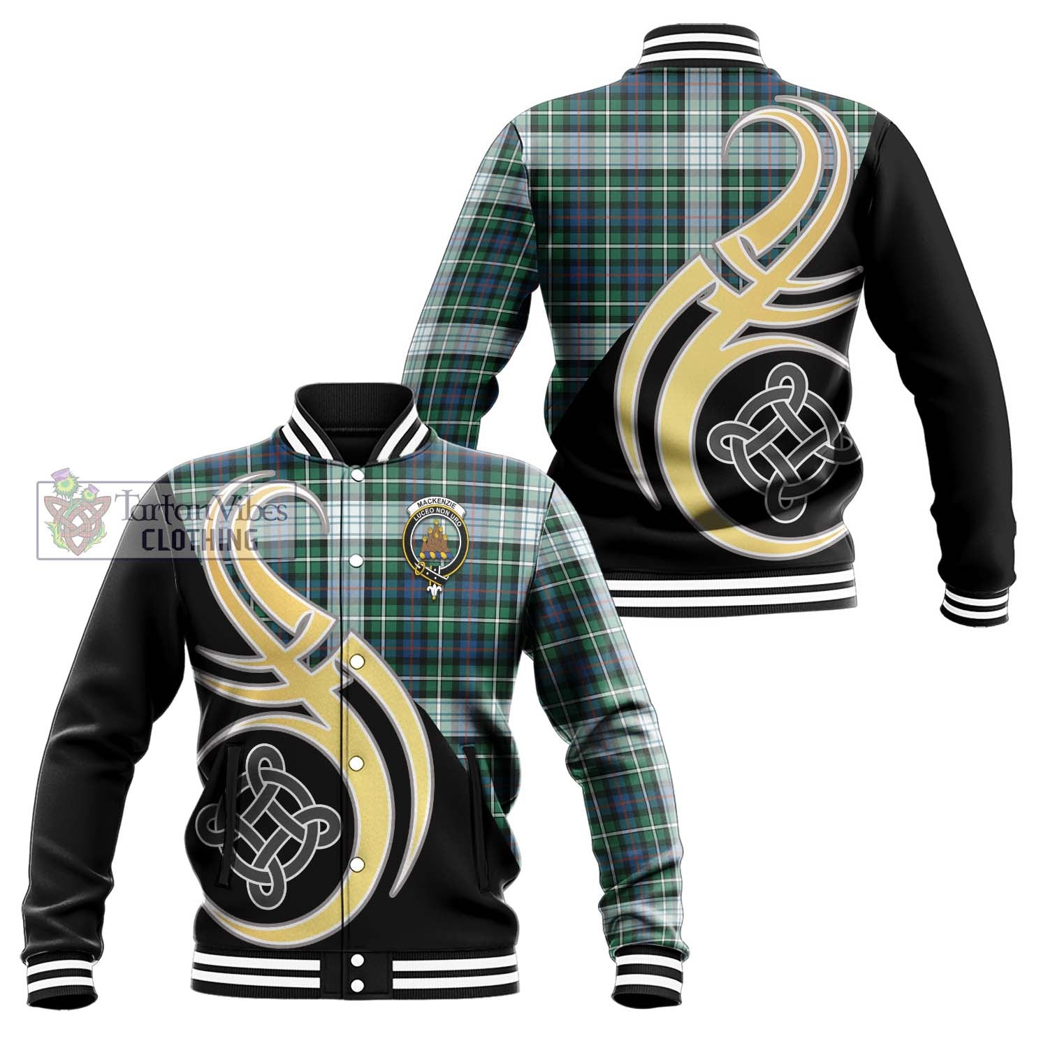 Mackenzie Dress Ancient Tartan Baseball Jacket with Family Crest and Celtic Symbol Style Unisex - Tartan Vibes Clothing