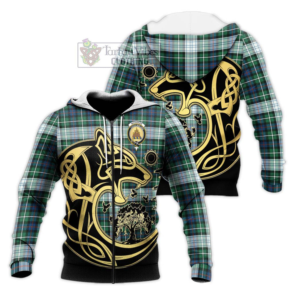 Mackenzie Dress Ancient Tartan Knitted Hoodie with Family Crest Celtic Wolf Style Unisex Knitted Zip Hoodie - Tartan Vibes Clothing