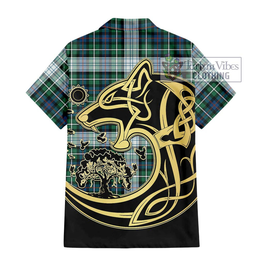 Mackenzie Dress Ancient Tartan Short Sleeve Button Shirt with Family Crest Celtic Wolf Style - Tartan Vibes Clothing