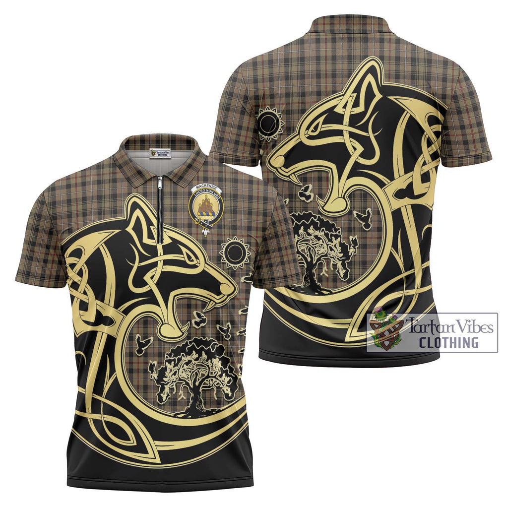 Mackenzie Hunting Tartan Zipper Polo Shirt with Family Crest Celtic Wolf Style Unisex - Tartanvibesclothing Shop