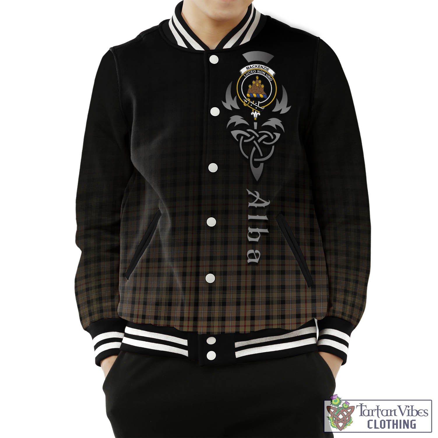 Tartan Vibes Clothing MacKenzie Hunting Tartan Baseball Jacket Featuring Alba Gu Brath Family Crest Celtic Inspired