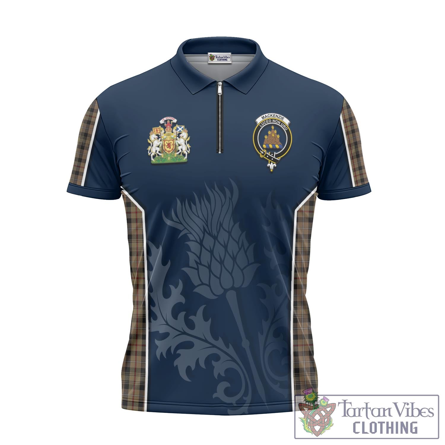 Tartan Vibes Clothing MacKenzie Hunting Tartan Zipper Polo Shirt with Family Crest and Scottish Thistle Vibes Sport Style