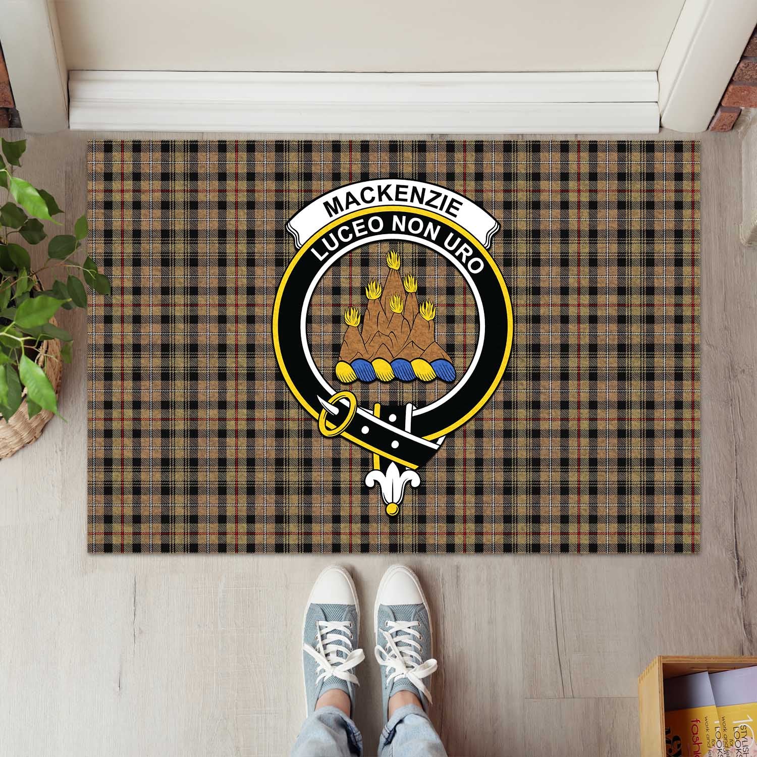 MacKenzie Hunting Tartan Door Mat with Family Crest - Tartanvibesclothing