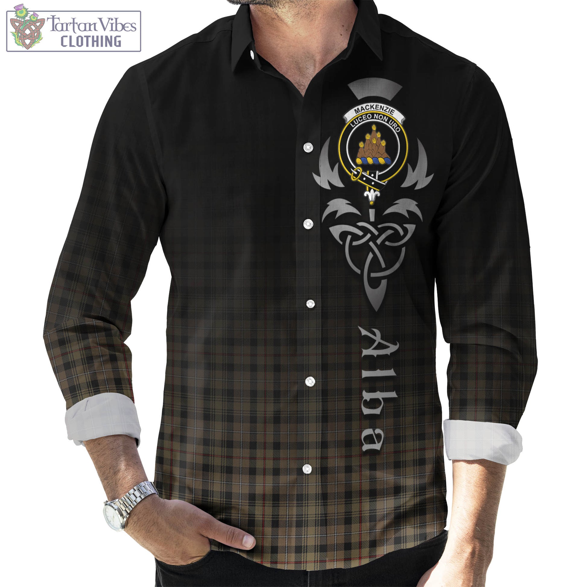 Tartan Vibes Clothing MacKenzie Hunting Tartan Long Sleeve Button Up Featuring Alba Gu Brath Family Crest Celtic Inspired