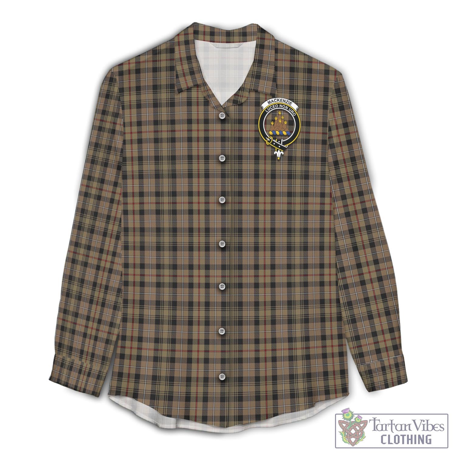 Tartan Vibes Clothing MacKenzie Hunting Tartan Womens Casual Shirt with Family Crest