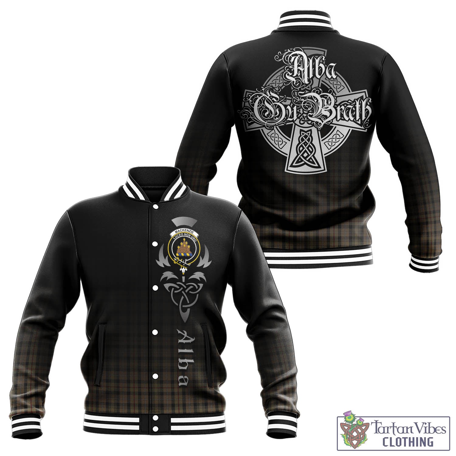 Tartan Vibes Clothing MacKenzie Hunting Tartan Baseball Jacket Featuring Alba Gu Brath Family Crest Celtic Inspired