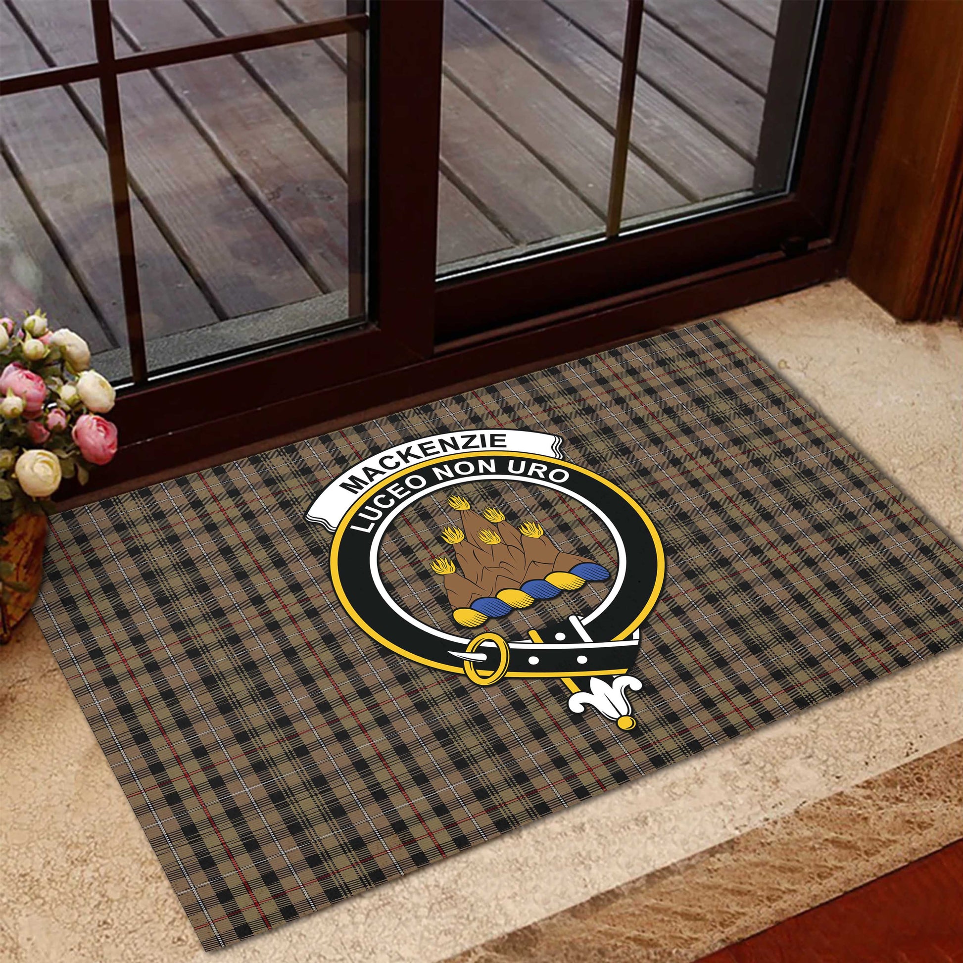 MacKenzie Hunting Tartan Door Mat with Family Crest - Tartanvibesclothing