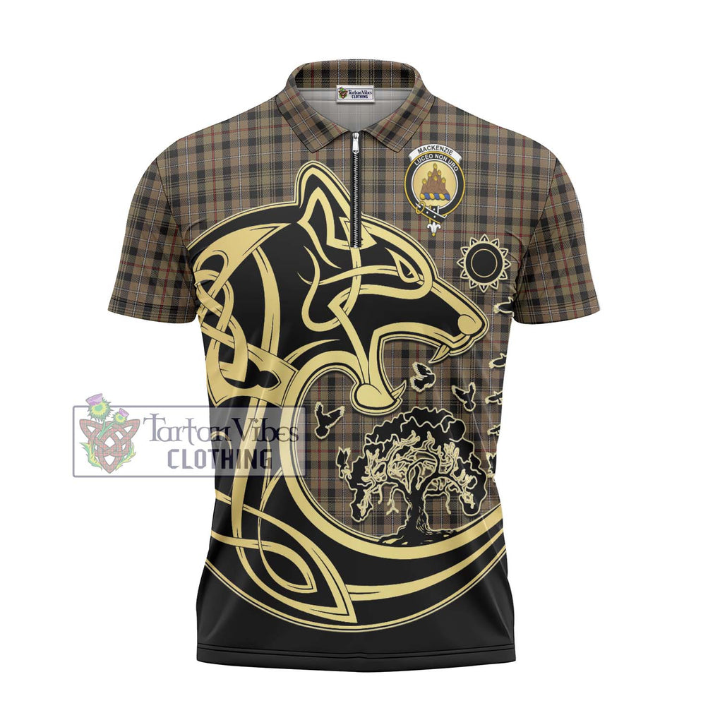 Mackenzie Hunting Tartan Zipper Polo Shirt with Family Crest Celtic Wolf Style - Tartanvibesclothing Shop