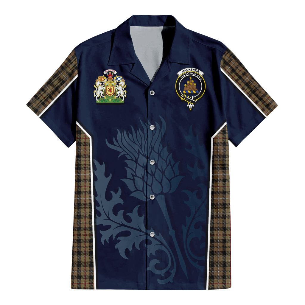 Tartan Vibes Clothing MacKenzie Hunting Tartan Short Sleeve Button Up Shirt with Family Crest and Scottish Thistle Vibes Sport Style