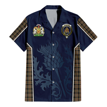 MacKenzie Hunting Tartan Short Sleeve Button Up Shirt with Family Crest and Scottish Thistle Vibes Sport Style