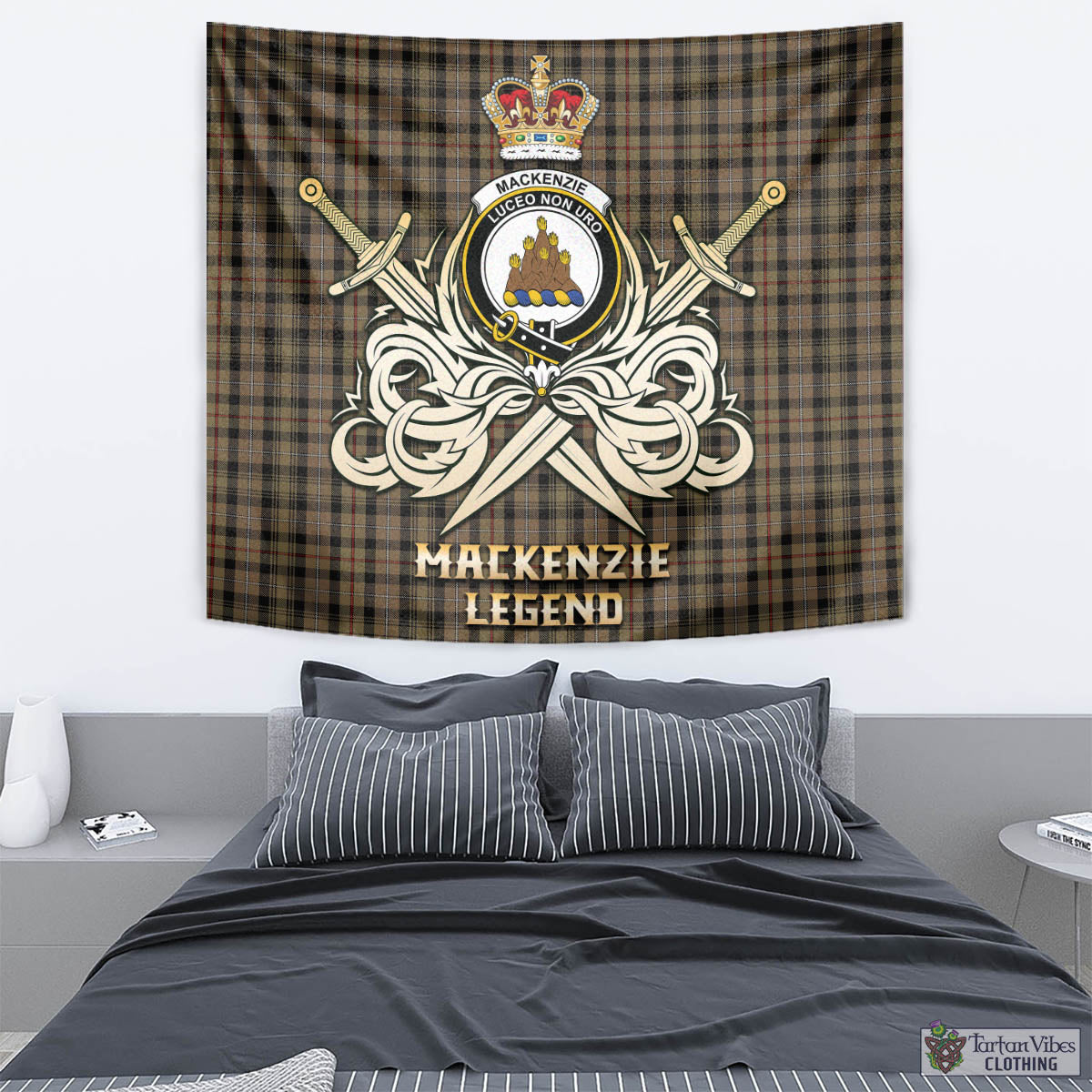 Tartan Vibes Clothing MacKenzie Hunting Tartan Tapestry with Clan Crest and the Golden Sword of Courageous Legacy