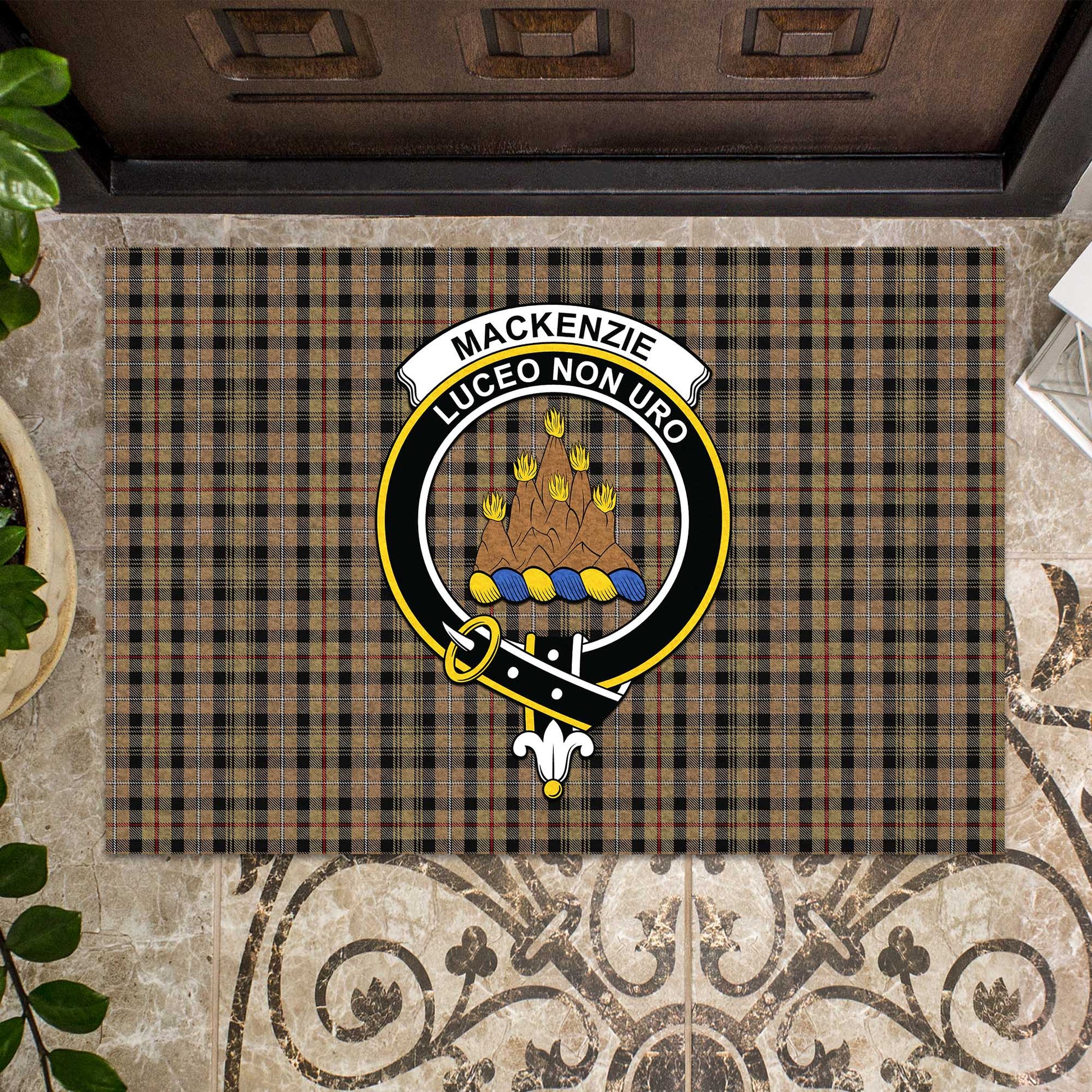 MacKenzie Hunting Tartan Door Mat with Family Crest - Tartanvibesclothing