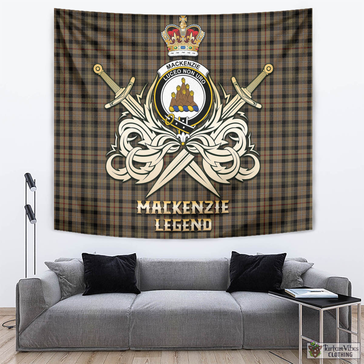 Tartan Vibes Clothing MacKenzie Hunting Tartan Tapestry with Clan Crest and the Golden Sword of Courageous Legacy