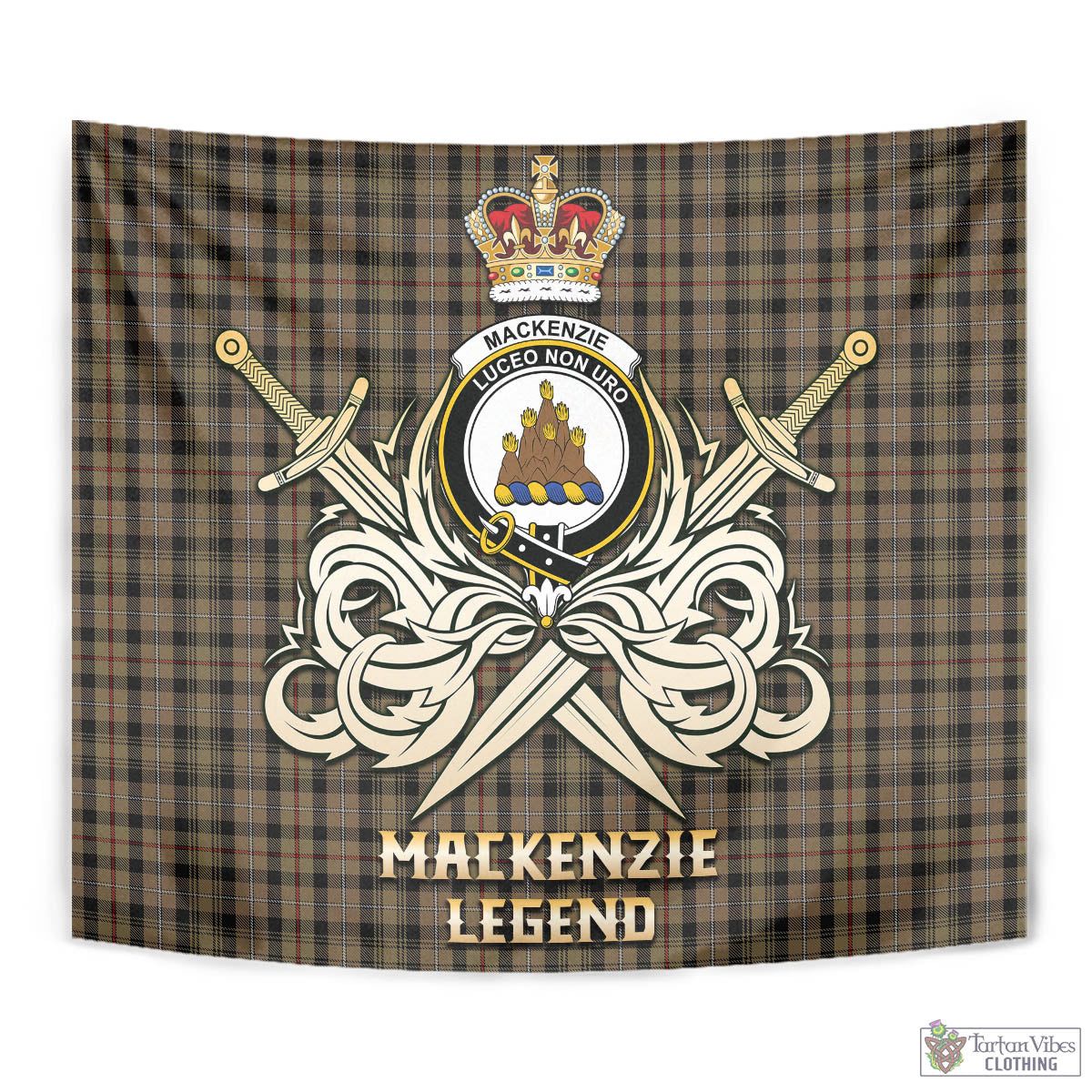 Tartan Vibes Clothing MacKenzie Hunting Tartan Tapestry with Clan Crest and the Golden Sword of Courageous Legacy